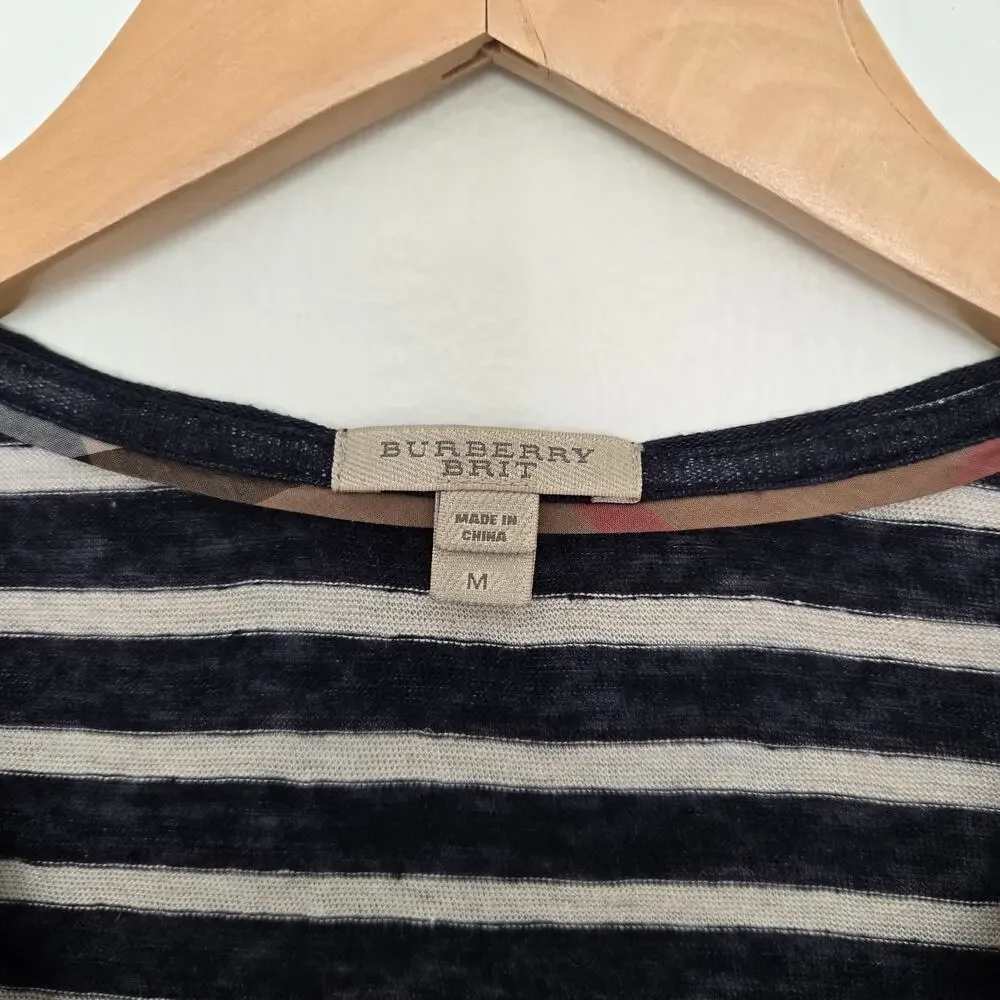 Burberry Brit Linen Pocket T-Shirt V-Neck Short Sleeve Navy Stripe Size M - Picture 6 of 6